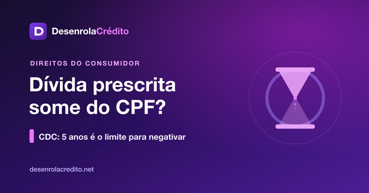 Ilustração editorial roxa sobre prazo de prescrição de dívidas e limpeza de nome